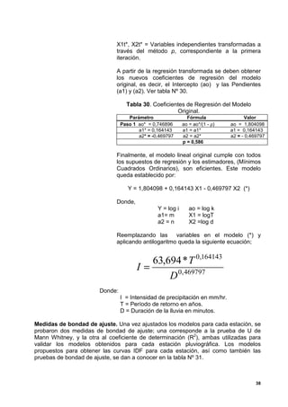 X1t*, X2t* = Variables independientes transformadas a
                              través del método p, correspondiente a la primera
                              iteración.

                              A partir de la regresión transformada se deben obtener
                              los nuevos coeficientes de regresión del modelo
                              original, es decir, el Intercepto (ao) y las Pendientes
                              (a1) y (a2). Ver tabla Nº 30.

                                  Tabla 30. Coeficientes de Regresión del Modelo
                                                     Original.
                                   Parámetro                 Fórmula                Valor
                                Paso 1 ao* = 0,746896      ao = ao*/(1 - ρ)   ao = 1,804098
                                       a1* = 0,164143      a1 = a1*           a1 = 0,164143
                                       a2* = -0,469797     a2 = a2*           a2 = - 0,469797
                                                           p = 0,586

                              Finalmente, el modelo lineal original cumple con todos
                              los supuestos de regresión y los estimadores, (Mínimos
                              Cuadrados Ordinarios), son eficientes. Este modelo
                              queda establecido por:

                                   Y = 1,804098 + 0,164143 X1 - 0,469797 X2 (*)

                              Donde,
                                               Y = log i      ao = log k
                                               a1= m          X1 = logT
                                               a2 = n         X2 =log d

                              Reemplazando las       variables en el modelo (*) y
                              aplicando antilogaritmo queda la siguiente ecuación;


                                          63,694 * T 0,164143
                                       I=
                                              D 0, 469797
                       Donde:
                                I = Intensidad de precipitación en mm/hr.
                                T = Período de retorno en años.
                                D = Duración de la lluvia en minutos.

Medidas de bondad de ajuste. Una vez ajustados los modelos para cada estación, se
probaron dos medidas de bondad de ajuste; una corresponde a la prueba de U de
Mann Whitney, y la otra al coeficiente de determinación (R2), ambas utilizadas para
validar los modelos obtenidos para cada estación pluviográfica. Los modelos
propuestos para obtener las curvas IDF para cada estación, así como también las
pruebas de bondad de ajuste, se dan a conocer en la tabla Nº 31.



                                                                                         38
 