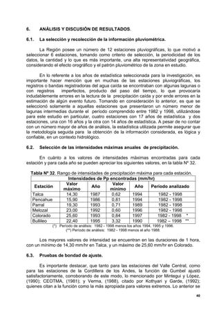 6.       ANÁLISIS Y DISCUSIÓN DE RESULTADOS.

6.1.     La selección y recolección de la información pluviométrica.

       La Región posee un número de 12 estaciones pluviográficas, lo que motivó a
seleccionar 6 estaciones, tomando como criterio de selección, la periodicidad de los
datos, la cantidad y lo que es más importante, una alta representatividad geográfica,
considerando el efecto orográfico y el patrón pluviométrico de la zona en estudio.

       En lo referente a los años de estadística seleccionada para la investigación, es
importante hacer mención que en muchas de las estaciones pluviográficas, los
registros o bandas registradoras del agua caída se encontraban con algunas lagunas o
con registros     imperfectos, producto del paso del tiempo, lo que provocaría
indudablemente errores en la lectura de la precipitación caída y por ende errores en la
estimación de algún evento futuro. Tomando en consideración lo anterior, es que se
seleccionó solamente a aquellas estaciones que presentaron un número menor de
lagunas intermedias durante el período comprendido entre 1982 y 1998, utilizándose
para este estudio en particular, cuatro estaciones con 17 años de estadística y dos
estaciones, una con 16 años y la otra con 14 años de estadística. A pesar de no contar
con un número mayor de años de análisis, la estadística utilizada permite asegurar que
la metodología seguida para la obtención de la información considerada, es lógica y
confiable, en un contexto hidrológico.

6.2.     Selección de las intensidades máximas anuales de precipitación.

       En cuánto a los valores de intensidades máximas encontradas para cada
estación y para cada año se pueden apreciar los siguientes valores, en la tabla Nº 32.

     Tabla Nº 32. Rango de intensidades de precipitación máxima para cada estación.
                      Intensidades de Pp encontradas (mm/hr)
                     Valor                  Valor
       Estación                    Año                  Año    Período analizado
                    máximo                 mínimo
      Talca          14,30        1987      0,62       1994       1982 - 1998
      Pencahue       15,90        1986      0,81       1994       1982 - 1998
      Parral         19,30        1993      0,71       1989       1982 - 1998
      Melozal        23,00        1992      0,60       1996       1982 - 1998
      Colorado       25,60        1993      0,84       1997       1982 - 1998 *
      Bullileo       22,40        1995      3,32       1990      1982 – 1998 **
               (*) Período de análisis: 1982 - 1998 menos los años 1994, 1995 y 1996.
                       (**) Período de análisis: 1982 - 1998 menos el año 1988.

      Los mayores valores de intensidad se encuentran en las duraciones de 1 hora,
con un mínimo de 14,30 mm/hr en Talca, y un máximo de 25,60 mm/hr en Colorado.

6.3.     Pruebas de bondad de ajuste.

       Es importante destacar, que tanto para las estaciones del Valle Central, como
para las estaciones de la Cordillera de los Andes, la función de Gumbel ajustó
satisfactoriamente, corroborando de este modo, lo mencionado por Mintegui y López,
(1990); CEOTMA, (1981); y Verma, (1988), citado por Kothyari y Garde, (1992);
quienes citan a la función como la más apropiada para valores extremos. Lo anterior se

                                                                                        40
 