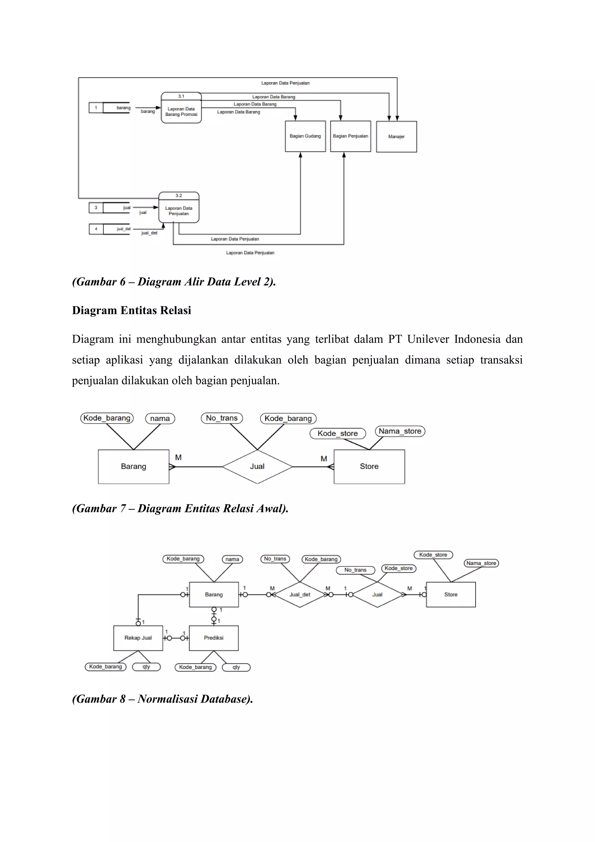 (Gambar 6 – Diagram Alir Data Level 2).
Diagram Entitas Relasi
Diagram ini menghubungkan antar entitas yang terlibat dalam PT Unilever Indonesia dan
setiap aplikasi yang dijalankan dilakukan oleh bagian penjualan dimana setiap transaksi
penjualan dilakukan oleh bagian penjualan.
(Gambar 7 – Diagram Entitas Relasi Awal).
(Gambar 8 – Normalisasi Database).
 