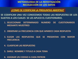 METODOLOGIA DE LA INVESTIGACIÓNRECOLECCIÓN DE LOS DATOS TIPOS DE PREGUNTACERRADAS  ABIERTASCATEGORIAS O ALTERNATIVAS                           