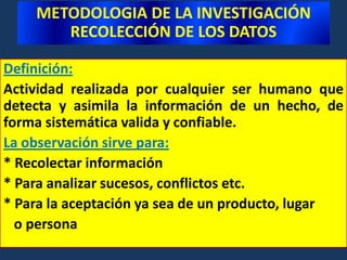 METODOLOGIA DE LA INVESTIGACIÓNRECOLECCIÓN DE LOS DATOSCARACTERISTICAS QUE DEBE TENER UNA PREGUNTACLARAS, COMPRENSIBLES.     EVITAR TERMINOS CONFUSOS O AMBIGUOS.      MANEJAR CLARIDAD.SER SUTIL - (ESCALAS DE ACTITUD).REFERIRSE A UN SOLO ASPECTO O RELACIONNO DEBEN INCLUIR LAS RESPUESTAS - EVITAR PREGUNTAS TENDENCIOSAS.E. NO DEBEN IR APOYADAS EN INSTITUCIONES.    IDEAS RESPALDADAS SOCIALMENTE    NIEVIDENCIA COMPROBADA VARIAS ALTERNATIVAS O CATEGORIAS DE RESPUESTA LENGUAJE ADAPTADO A LAS CARACTERISTICAS DEL RESPONDIENTE