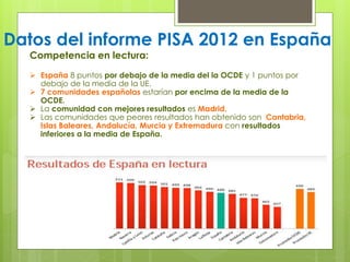 Datos del informe PISA 2012 en España
Competencia en lectura:
 España 8 puntos por debajo de la media del la OCDE y 1 pun...