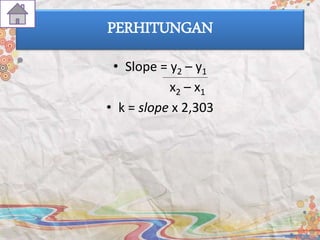 PERHITUNGAN
• Slope = y2 – y1
x2 – x1
• k = slope x 2,303
 