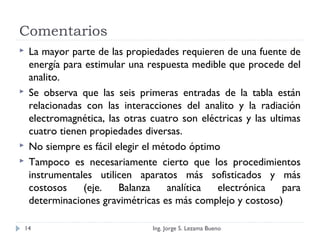 Comentarios
 La mayor parte de las propiedades requieren de una fuente de
energía para estimular una respuesta medible que procede del
analito.
 Se observa que las seis primeras entradas de la tabla están
relacionadas con las interacciones del analito y la radiación
electromagnética, las otras cuatro son eléctricas y las ultimas
cuatro tienen propiedades diversas.
 No siempre es fácil elegir el método óptimo
 Tampoco es necesariamente cierto que los procedimientos
instrumentales utilicen aparatos más sofisticados y más
costosos (eje. Balanza analítica electrónica para
determinaciones gravimétricas es más complejo y costoso)
Ing. Jorge S. Lezama Bueno14
 