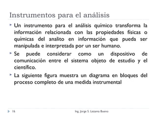 Instrumentos para el análisis
 Un instrumento para el análisis químico transforma la
información relacionada con las propiedades físicas o
químicas del analito en información que pueda ser
manipulada e interpretada por un ser humano.
 Se puede considerar como un dispositivo de
comunicación entre el sistema objeto de estudio y el
científico.
 La siguiente figura muestra un diagrama en bloques del
proceso completo de una medida instrumental
Ing. Jorge S. Lezama Bueno16
 