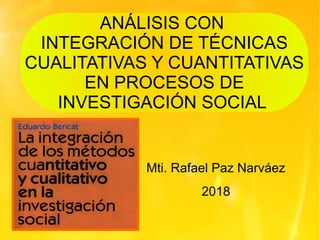 ANÁLISIS CON
INTEGRACIÓN DE TÉCNICAS
CUALITATIVAS Y CUANTITATIVAS
EN PROCESOS DE
INVESTIGACIÓN SOCIAL
Mti. Rafael Paz Narváez
2018
 