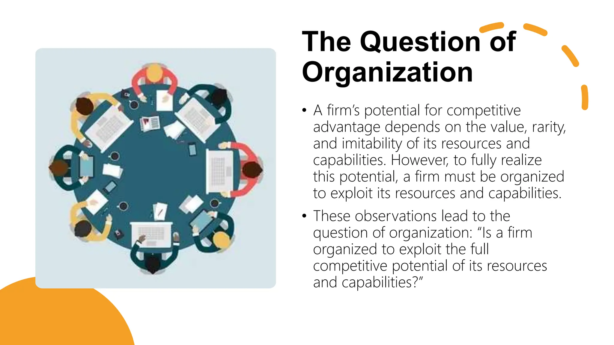 The Question of
Organization
• A firm’s potential for competitive
advantage depends on the value, rarity,
and imitability of its resources and
capabilities. However, to fully realize
this potential, a firm must be organized
to exploit its resources and capabilities.
• These observations lead to the
question of organization: “Is a firm
organized to exploit the full
competitive potential of its resources
and capabilities?”
 
