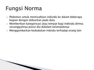  Pedoman untuk memisahkan individu ke dalam beberapa
bagian dengan didsarkan pada data
 Memberikan kategorisasi atau tempat bagi individu dimna
sesungguhnya posisi dia didalam kelompoknya
 Menggambarkan kedudukan indvidu terhadap orang lain
Fungsi Norma
 
