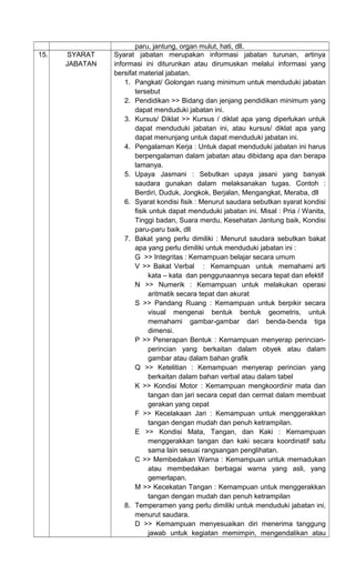 paru, jantung, organ mulut, hati, dll.
15. SYARAT
JABATAN
Syarat jabatan merupakan informasi jabatan turunan, artinya
informasi ini diturunkan atau dirumuskan melalui informasi yang
bersifat material jabatan.
1. Pangkat/ Golongan ruang minimum untuk menduduki jabatan
tersebut
2. Pendidikan >> Bidang dan jenjang pendidikan minimum yang
dapat menduduki jabatan ini.
3. Kursus/ Diklat >> Kursus / diklat apa yang diperlukan untuk
dapat menduduki jabatan ini, atau kursus/ diklat apa yang
dapat menunjang untuk dapat menduduki jabatan ini.
4. Pengalaman Kerja : Untuk dapat menduduki jabatan ini harus
berpengalaman dalam jabatan atau dibidang apa dan berapa
lamanya.
5. Upaya Jasmani : Sebutkan upaya jasani yang banyak
saudara gunakan dalam melaksanakan tugas. Contoh :
Berdiri, Duduk, Jongkok, Berjalan, Mengangkat, Meraba, dll
6. Syarat kondisi fisik : Menurut saudara sebutkan syarat kondisi
fisik untuk dapat menduduki jabatan ini. Misal : Pria / Wanita,
Tinggi badan, Suara merdu, Kesehatan Jantung baik, Kondisi
paru-paru baik, dll
7. Bakat yang perlu dimiliki : Menurut saudara sebutkan bakat
apa yang perlu dimiliki untuk menduduki jabatan ini :
G >> Integritas : Kemampuan belajar secara umum
V >> Bakat Verbal : Kemampuan untuk memahami arti
kata – kata dan penggunaannya secara tepat dan efektif
N >> Numerik : Kemampuan untuk melakukan operasi
aritmatik secara tepat dan akurat
S >> Pandang Ruang : Kemampuan untuk berpikir secara
visual mengenai bentuk bentuk geometris, untuk
memahami gambar-gambar dari benda-benda tiga
dimensi.
P >> Penerapan Bentuk : Kemampuan menyerap perincian-
perincian yang berkaitan dalam obyek atau dalam
gambar atau dalam bahan grafik
Q >> Ketelitian : Kemampuan menyerap perincian yang
berkaitan dalam bahan verbal atau dalam tabel
K >> Kondisi Motor : Kemampuan mengkoordinir mata dan
tangan dan jari secara cepat dan cermat dalam membuat
gerakan yang cepat
F >> Kecelakaan Jari : Kemampuan untuk menggerakkan
tangan dengan mudah dan penuh ketrampilan.
E >> Kondisi Mata, Tangan, dan Kaki : Kemampuan
menggerakkan tangan dan kaki secara koordinatif satu
sama lain sesuai rangsangan penglihatan.
C >> Membedakan Warna : Kemampuan untuk memadukan
atau membedakan berbagai warna yang asli, yang
gemerlapan.
M >> Kecekatan Tangan : Kemampuan untuk menggerakkan
tangan dengan mudah dan penuh ketrampilan
8. Temperamen yang perlu dimiliki untuk menduduki jabatan ini,
menurut saudara.
D >> Kemampuan menyesuaikan diri menerima tanggung
jawab untuk kegiatan memimpin, mengendalikan atau
 