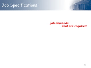 Job Specifications
A Job Specification describes the job demands on the
employees who do it and the human skills that are required
(experience, training, education and the ability to meet
physical and mental demand).
It’s a profile of the human
characteristics
20
 