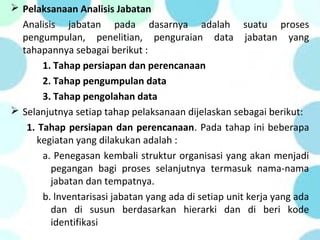  Pelaksanaan Analisis Jabatan
Analisis jabatan pada dasarnya adalah suatu proses
pengumpulan, penelitian, penguraian data jabatan yang
tahapannya sebagai berikut :
1. Tahap persiapan dan perencanaan
2. Tahap pengumpulan data
3. Tahap pengolahan data
 Selanjutnya setiap tahap pelaksanaan dijelaskan sebagai berikut:
1. Tahap persiapan dan perencanaan. Pada tahap ini beberapa
kegiatan yang dilakukan adalah :
a. Penegasan kembali struktur organisasi yang akan menjadi
pegangan bagi proses selanjutnya termasuk nama-nama
jabatan dan tempatnya.
b. lnventarisasi jabatan yang ada di setiap unit kerja yang ada
dan di susun berdasarkan hierarki dan di beri kode
identifikasi
 