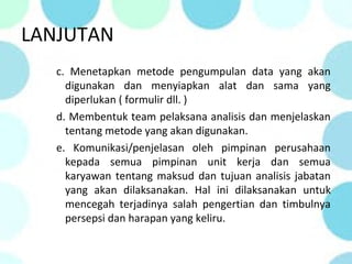 LANJUTAN
c. Menetapkan metode pengumpulan data yang akan
digunakan dan menyiapkan alat dan sama yang
diperlukan ( formulir dll. )
d. Membentuk team pelaksana analisis dan menjelaskan
tentang metode yang akan digunakan.
e. Komunikasi/penjelasan oleh pimpinan perusahaan
kepada semua pimpinan unit kerja dan semua
karyawan tentang maksud dan tujuan analisis jabatan
yang akan dilaksanakan. Hal ini dilaksanakan untuk
mencegah terjadinya salah pengertian dan timbulnya
persepsi dan harapan yang keliru.
 