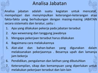 Analisa Jabatan
Analisa jabatan adalah suatu kegiatan untuk mencatat,
mempelajari dan menyimpulkan keterangan-keterangan atau
fakta-fakta yang berhubungan dengan masing-masing JABATAN
secara sistematis dan teratur, yaitu :
1. Apa yang dilakukan pekerja pada jabatan tersebut
2. Apa wewenang dan tanggung jawabnya
3. Mengapa pekerjaan tersebut harus dilakukan
4. Bagaimana cara melakukannya
5. Alat-alat dan bahan-bahan yang digunakan dalam
melaksanakan pekerjaannya . Besarnya upah dan lamanya
jam bekerja
6. Pendidikan, pengalaman dan latihan yang dibutuhkan
7. Keterampilan, sikap dan kemampuan yang diperlukan untuk
melakukan pekerjaan tersebut dan lain-lain
 