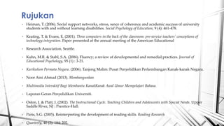 ? Heiman, T. (2006). Social support networks, stress, sence of coherence and academic success of university
students with and without learning disabilities. Social Psychology of Education, 9 (4): 461-478.
? Keating, T. & Evans, E. (2001). Three computers in the back of the classroom: pre-service teachers conceptions of
technology integration. Paper presented at the annual meeting of the American Educational
? Research Association, Seattle.
? Kuhn, M.R. & Stahl, S.A. (2004). Fluency: a review of developmental and remedial practices. Journal of
Educational Psychology, 95 (1) : 3-21.
? Kurikulum Permata Negara. (2006). Tanjong Malim: Pusat Penyelidikan Perkembangan Kanak-kanak Negara.
? Noor Aini Ahmad (2013). Membangunkan
? Multimedia Interaktif Bagi Membantu KanakKanak Awal Umur Mempelajari Bahasa.
? Laporan Geran Penyelidikan Universiti.
? Oslon, J. & Platt, J. (2002). The Instructional Cycle. Teaching Children and Adolescents with Special Needs. Upper
Saddle River, NJ : Prentice-Hall.
? Paris, S.G. (2005). Reinterpreting the development of reading skills. Reading Research
? Quarterly, 40 (2): 184: 202.
Rujukan
 