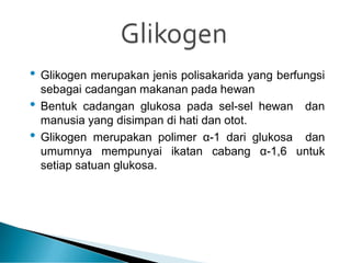 • Glikogen merupakan jenis polisakarida yang berfungsi
sebagai cadangan makanan pada hewan
• Bentuk cadangan glukosa pada sel-sel hewan dan
manusia yang disimpan di hati dan otot.
• Glikogen merupakan polimer α-1 dari glukosa dan
umumnya mempunyai ikatan cabang α-1,6 untuk
setiap satuan glukosa.
 