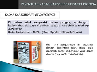 PENENTUAN KADAR KARBOHIDRAT DAPAT DICERNA
KADAR KARBOHIDRAT BY DIFFERENCE
Di dalam tabel komposisi bahan pangan, kandungan
karbohidrat biasanya diberikan sebagai karbohidrat total by
difference.
Kadar karbohidrat = 100% - (%air+%protein+%lemak+% abu)
Bila hasil pengurangan ini dikurangi
dengan persentase serat, maka akan
diperoleh kadar karbohidrat yang dapat
dicerna (digestable carbohydrate).
 