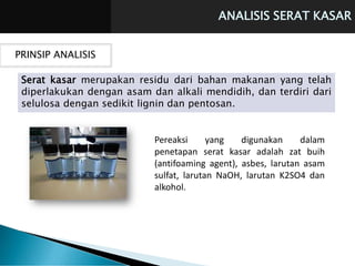ANALISIS SERAT KASAR
PRINSIP ANALISIS
Serat kasar merupakan residu dari bahan makanan yang telah
diperlakukan dengan asam dan alkali mendidih, dan terdiri dari
selulosa dengan sedikit lignin dan pentosan.
Pereaksi yang digunakan dalam
penetapan serat kasar adalah zat buih
(antifoaming agent), asbes, larutan asam
sulfat, larutan NaOH, larutan K2SO4 dan
alkohol.
 