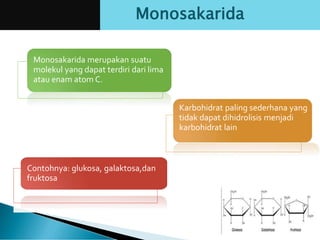 Monosakarida merupakan suatu
molekul yang dapat terdiri dari lima
atau enam atom C.
Karbohidrat paling sederhana yang
tidak dapat dihidrolisis menjadi
karbohidrat lain
Contohnya: glukosa, galaktosa,dan
fruktosa
Monosakarida
 