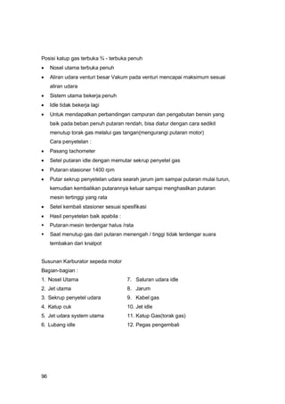 96
Posisi katup gas terbuka ¾ - terbuka penuh
 Nosel utama terbuka penuh
 Aliran udara venturi besar Vakum pada venturi mencapai maksimum sesuai
aliran udara
 Sistem utama bekerja penuh
 Idle tidak bekerja lagi
 Untuk mendapatkan perbandingan campuran dan pengabutan bensin yang
baik pada beban penuh putaran rendah, bisa diatur dengan cara sedikit
menutup torak gas melalui gas tangan(mengurangi putaran motor)
Cara penyetelan :
 Pasang tachometer
 Setel putaran idle dengan memutar sekrup penyetel gas
 Putaran stasioner 1400 rpm
 Putar sekrup penyetelan udara searah jarum jam sampai putaran mulai turun,
kemudian kembalikan putarannya keluar sampai menghasilkan putaran
mesin tertinggi yang rata
 Setel kembali stasioner sesuai spesifikasi
 Hasil penyetelan baik apabila :
 Putaran mesin terdengar halus /rata
 Saat menutup gas dari putaran menengah / tinggi tidak terdengar suara
tembakan dari knalpot
Susunan Karburator sepeda motor
Bagian-bagian :
1. Nosel Utama 7. Saluran udara idle
2. Jet utama 8. Jarum
3. Sekrup penyetel udara 9. Kabel gas
4. Katup cuk 10. Jet idle
5. Jet udara system utama 11. Katup Gas(torak gas)
6. Lubang idle 12. Pegas pengembali
 