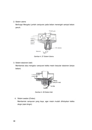 98
2. Sistem utama
Berfungsi Mengatur jumlah campuran pada beban menengah sampai beban
penuh.
Gambar 4. 27 Sistem Utama
3. Sistem stasioner (idel)
Membentuk atau mengatur campuran ketika mesin berputar stasioner (tanpa
beban)
Gambar 4. 28 Sistem Idel
4. Sistem awalan (Choke)
Membentuk campuran yang kaya, agar mesin mudah dihidupkan ketika
dingin (start dingin)
 