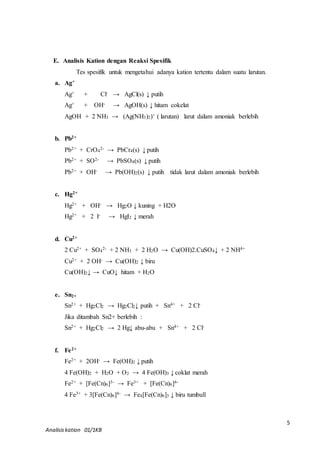5 
E. Analisis Kation dengan Reaksi Spesifik 
Tes spesifik untuk mengetahui adanya kation tertentu dalam suatu larutan. 
a. Ag+ 
Ag+ + Cl- → AgCl(s) ↓ putih 
Ag+ + OH- → AgOH(s) ↓ hitam cokelat 
AgOH + 2 NH3 → (Ag(NH3)2)+ ( larutan) larut dalam amoniak berlebih 
b. Pb2+ 
Pb2+ + CrO4 
2- → PbCr4(s) ↓ putih 
Pb2+ + SO2- → PbSO4(s) ↓ putih 
Pb2+ + OH- → Pb(OH)2(s) ↓ putih tidak larut dalam amoniak berlebih 
c. Hg2+ 
Hg2+ + OH- → Hg2O ↓ kuning + H2O 
Hg2+ + 2 I- → HgI2 ↓ merah 
d. Cu2+ 
2 Cu2+ + SO4 
Analisis kation 01/1KB 
2- + 2 NH3 + 2 H2O → Cu(OH)2.CuSO4↓ + 2 NH4+ 
Cu2+ + 2 OH- → Cu(OH)2 ↓ biru 
Cu(OH)2↓ → CuO↓ hitam + H2O 
e. Sn2+ 
Sn2+ + Hg2Cl2 → Hg2Cl2↓ putih + Sn4+ + 2 Cl- 
Jika ditambah Sn2+ berlebih : 
Sn2+ + Hg2Cl2 → 2 Hg↓ abu-abu + Sn4+ + 2 Cl-f. 
Fe2+ 
Fe2+ + 2OH- → Fe(OH)2 ↓ putih 
4 Fe(OH)2 + H2O + O2 → 4 Fe(OH)3 ↓ coklat merah 
Fe2+ + [Fe(Cn)6]3- → Fe3+ + [Fe(Cn)6]4- 
4 Fe3+ + 3[Fe(Cn)6]4- → Fe4[Fe(Cn)6]3 ↓ biru tumbull 
 