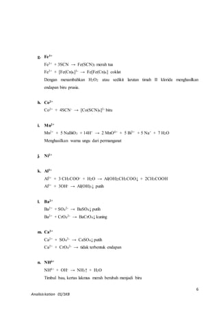 Fe3+ + 3SCN → Fe(SCN)3 merah tua 
Fe3+ + [Fe(Cn)6]3- → Fe[Fe(Cn)6] coklat 
Dengan menambahkan H2O2 atau sedikit larutan timah II klorida menghasilkan 
endapan biru prusia. 
6 
g. Fe3+ 
h. Co2+ 
Co2+ + 4SCN- → [Co(SCN)4]2- biru 
i. Mn2+ 
Mn2+ + 5 NaBiO3 + 14H+ → 2 MnO4+ + 5 Bi3+ + 5 Na+ + 7 H2O 
Menghasilkan warna ungu dari permanganat 
j. Ni2+ 
k. Al3+ 
Al3+ + 3 CH3COO- + H2O → Al(OH)2CH3COO↓ + 2CH3COOH 
Al3+ + 3OH- → Al(OH)3↓ putih 
l. Ba2+ 
Ba2+ + SO4 
2- → BaSO4↓ putih 
Ba2+ + CrO4 
2- → BaCrO4↓ kuning 
m. Ca2+ 
Ca2+ + SO4 
2- → CaSO4↓ putih 
Ca2+ + CrO4 
2- → tidak terbentuk endapan 
n. NH4+ 
NH4+ + OH- → NH3↑ + H2O 
Timbul bau, kertas lakmus merah berubah menjadi biru 
Analisis kation 01/1KB 
 