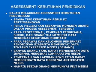 ASSESSMENT KEBUTUHAN PENDIDIKAN
 DALAM MELAKUKAN ASSESSMENT KEBUTUHAN
PENDIDIKAN:
• SEMUA TIPE KEBUTUHAN PERLU DI
PERTIMBANGKAN
• PERLU MELIBATKAN SEBANYAK MUNGKIN ORANG
DALAM PROSES ASSESSMENT TERSEBUT
• PARA PROFESIONAL, PIMPINAN PENGUSAHA,
BURUH, DAN ORANG TUA MEMILIKI DATA
MENGENAI KEBUTUHAN NORMATIF
• PARA PEGAWAI DAN KELOMPOK PEMERHATI
PENDIDIKAN BIASANYA MEMPUNYAI DATA
TENTANG EXPRESSED NEEDS (DEMAND)
• BANYAK ORANG YANG DAPAT MEMBERIKAN DATA
INFORMAL MENGENAI COMPARATIVE NEEDS
• PEMERINAH DAN LAPORAN PENELITIAN DAPAT
MEMBERIKATN DATA MENGENAI ANTICIPATED
NEEDS
• HAMPIR SETIAP ORANG MEMPUNYAI FELT NEEDS
 