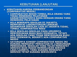 KEBUTUHAN (LANJUTAN)
 KEBUTUAHN KARENA PERBANDINGAN
(COMPARATIVE NEEDS)
• COMPARATIVE NEEDS TIMBUL BILA ORANG YANG
TIDAK MENERIMA PELAYANAN
KARAKTERISTIKNYA SAMA DENGAN ORANG YANG
MENERIMA PELAYANAN
• BILA BEBERAPA SEKOLAH DI JAKARTA,
MEMPUNYAI LABORATORIUM LENGKAP,
SEDANGKAN SEKOLAH LAIN DI JAKARTA TIDAK,
TIMBUL KOMPARATIVE NEED
• BILA SEKOLAH-SEKOLAH PADA UMUMNYA
MENYEDIAKAN BUKU BAGI SISWANYA, TETAPI
ADA SEKOLAH YANG TIDAK MENYEDIAKAN BUKU
BAGI SISWANYA, BERARTI ADA COMPARATIVE
NEEDS
• SAYANGNYA KONSEP COMPARATIVE NEEDS INI
KURANG MENDAPAT PERHATIAN DI LINGKUNGAN
PENDIDIKAN. SEKOLAH YANG TELAH MENDAPAT
SERVICE BAIK MASIH MEMERLUKAN SERVICE
LAGI/LAINNYA. YANG KURANG MENDAPAT
SERVICE TETAP KURANG SERVICENYA
 