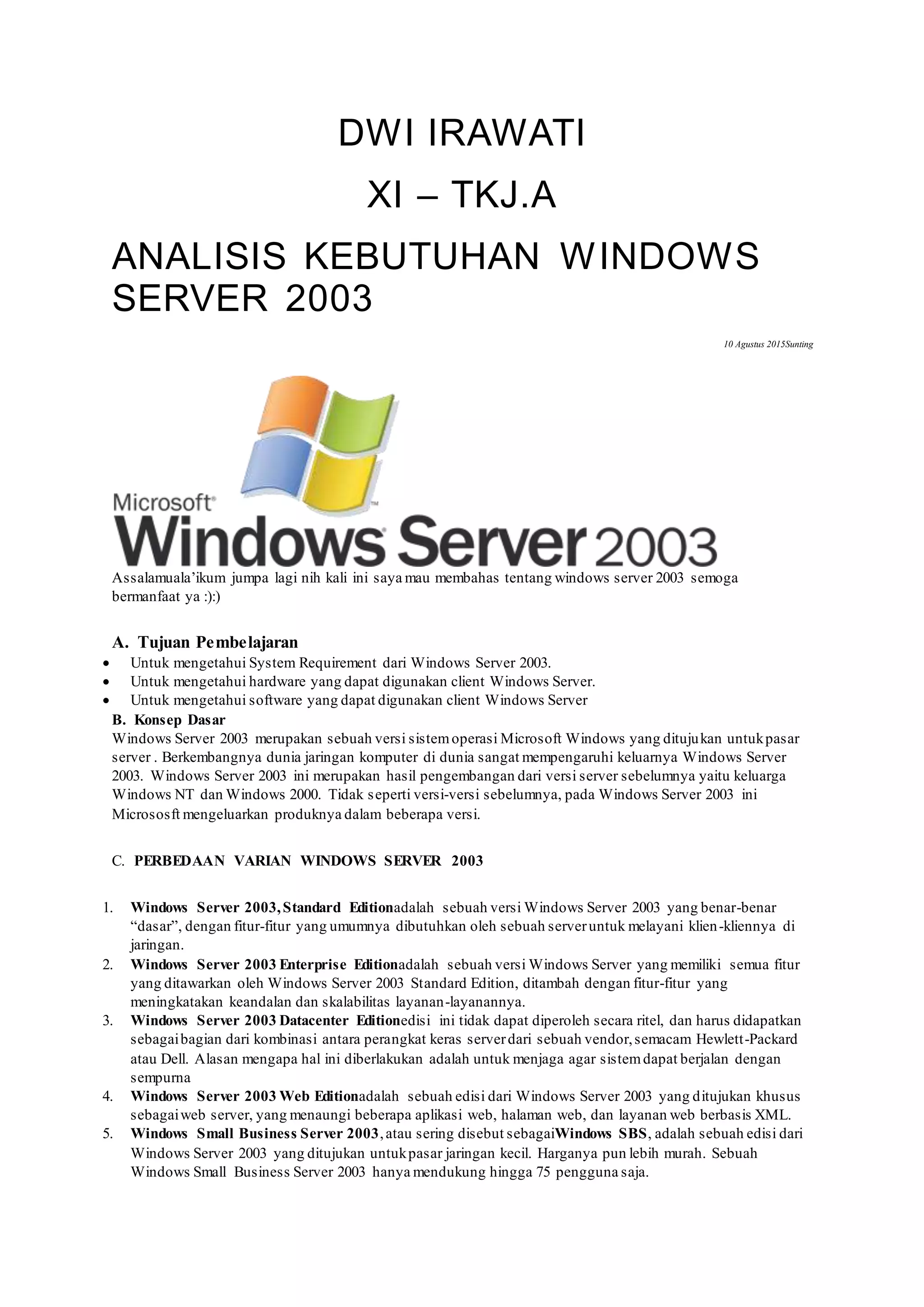 Analisis kebutuhan windows server | DOCX