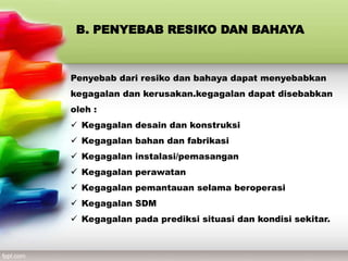 B. PENYEBAB RESIKO DAN BAHAYA
Penyebab dari resiko dan bahaya dapat menyebabkan
kegagalan dan kerusakan.kegagalan dapat disebabkan
oleh :
 Kegagalan desain dan konstruksi
 Kegagalan bahan dan fabrikasi
 Kegagalan instalasi/pemasangan
 Kegagalan perawatan
 Kegagalan pemantauan selama beroperasi
 Kegagalan SDM
 Kegagalan pada prediksi situasi dan kondisi sekitar.
 