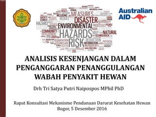 Drh Tri Satya Putri Naipospos MPhil PhD
ANALISIS KESENJANGAN DALAM
PENGANGGARAN PENANGGULANGAN
WABAH PENYAKIT HEWAN
Rapat Konsultasi Mekanisme Pendanaan Darurat Kesehatan Hewan
Bogor, 5 Desember 2016
 