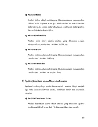 88
a) Analisis Makro
Analisis Makro adalah analisis yang dilakukan dengan menggunakan
contoh atau cuplikan ≥ 0.1 g). Contoh analisis ini adalah analisis
kadar air, kadar lemak, kadar abu, kadar serat kasar, kadar protein
dan analisis kadar karbohidrat.
b) Analisis Semi Makro
Analisis semi mikro adalah analisis yang dilakukan dengan
menggunakan contoh atau cuplikan 10-100 mg.
c) Analisis Mikro
Analisis mikro adalah analisis yang dilakukan dengan menggunakan
contoh atau cuplikan 1-10 mg
d) Analisis Ultramikro
Analisis mikro adalah analisis yang dilakukan dengan menggunakan
contoh atau cuplikan kurang dari 1 mg.
5) Analisis Konstituen utama, Minor, dan Runutan
Berdasarkan banyaknya analit dalam contoh analisis dibagi menjadi
tiga yaitu analisis konstituen utama, konsituen minor, dan konstituen
runutan.
a) Analisis Konstituen Utama
Analisis konstituen utama adalah analisis yang dilakukan apabila
jumlah analit lebih besar dari 1% dalam cuplikan atau contoh.
 