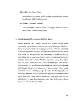 89
b) Analisis Konstituen Minor
Analisis konstituen minor adalah analisis yang dilakukan apabila
jumlah analit 0.01-1% dalam contoh
c) Analisis Konstituen runutan
Analisis konstituen runutan adalah analisis yang dilakukan apabila
jumlah analit < 0.01 % dalam contoh.
b. Analisis Kualitatif Berdasarkan Sifat Fisik Bahan
Analisis kualitatif atau disebut analisis jenis adalah analisis untuk
menentukan macam atau jenis zat atau komponen bahan yang dianalisis .
Dalam melakukan analisis kita mempergunakan sifat-sifat atau bahan baik
sifat fisis maupun sifat kimianya. Misalnya ada suatu sampel cairan dalam
gelas kimia. Bila kita ingin tahu apa sampel cair itu maka kita lakukan
analisis kualitatif terhadap sampel cairan itu. Caranya adalah kita tentukan
sifat-sifat fisis sampel tersebut. Misalnya bagaimana warna, bau, indeks
bias, titik didih, massa jenis, serta kelarutan. Begitu pula kalau sampel
berupa padatan kita tentukan bagaimanakah warna, bau, warna nyala, titik
leleh, bentuk kristal, serta kelarutannya. Harus disadari bahwa untuk
melalukan analisis kualitatif yang cepat dan tepat diperlukan pengetahuan
yang cukup mengenai sifat fisis bahan-bahan yang dianalia. Pengetahuan ini
sangat diperlukan dalam menarik kesimpulan yang tepat. Data tentang
sifat-sifat fisis ini dapat ditemukan dalam suatu Hand Book misalnya dalam
Physical and Chemical Data Hand Book.
 