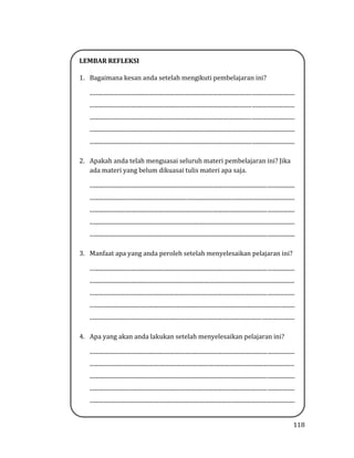 118
LEMBAR REFLEKSI
1. Bagaimana kesan anda setelah mengikuti pembelajaran ini?
................................................................................................................................................
................................................................................................................................................
................................................................................................................................................
................................................................................................................................................
................................................................................................................................................
2. Apakah anda telah menguasai seluruh materi pembelajaran ini? Jika
ada materi yang belum dikuasai tulis materi apa saja.
................................................................................................................................................
................................................................................................................................................
................................................................................................................................................
................................................................................................................................................
................................................................................................................................................
3. Manfaat apa yang anda peroleh setelah menyelesaikan pelajaran ini?
................................................................................................................................................
................................................................................................................................................
................................................................................................................................................
................................................................................................................................................
................................................................................................................................................
4. Apa yang akan anda lakukan setelah menyelesaikan pelajaran ini?
................................................................................................................................................
................................................................................................................................................
................................................................................................................................................
................................................................................................................................................
................................................................................................................................................
 