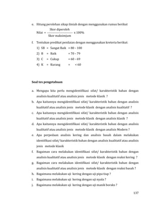 137
e. Hitung perolehan sikap ilmiah dengan menggunakan rumus berikut
Skor diperoleh
Nilai =  x 100%
Skor maksimjum
f. Tentukan predikat penilaian dengan menggunakan kreteria berikut:
1) SB = Sangat Baik = 80 - 100
2) B = Baik = 70 - 79
3) C = Cukup = 60 - 69
4) K = Kurang = < 60
Soal tes pengetahuan
a. Mengapa kita perlu mengidentifikasi sifat/ karakteristik bahan dengan
analisis kualitatif atau analisis jenis metode klasik ?
b. Apa kaitannya mengidentifikasi sifat/ karakteristik bahan dengan analisis
kualitatif atau analisis jenis metode klasik dengan analisis kualitatif ?
c. Apa kaitannya mengidentifikasi sifat/ karakteristik bahan dengan analisis
kualitatif atau analisis jenis metode klasik dengan analisis klasik ?
d. Apa kaitannya mengidentifikasi sifat/ karakteristik bahan dengan analisis
kualitatif atau analisis jenis metode klasik dengan analisis Modern ?
e. Apa perpedaan analisis kering dan analisis basah dalam melakukan
identifikasi sifat/ karakteristik bahan dengan analisis kualitatif atau analisis
jenis metode klasik
f. Bagaiman cara melakukan identifikasi sifat/ karakteristik bahan dengan
analisis kualitatif atau analisis jenis metode klasik dengan reaksi kering ?
g. Bagaiman cara melakukan identifikasi sifat/ karakteristik bahan dengan
analisis kualitatif atau analisis jenis metode klasik dengan reaksi basah ?
h. Bagaimana melakukan uji kering dengan uji pipa tiup ?
i. Bagaimana melakukan uji kering dengan uji nyala ?
j. Bagaimana melakukan uji kering dengan uji manik boraks ?
 