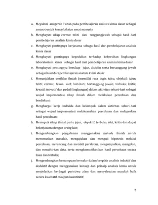 2
a. Meyakini anugerah Tuhan pada pembelajaran analisis kimia dasar sebagai
amanat untuk kemaslahatan umat manusia
b. Menghayati sikap cermat, teliti dan tanggungjawab sebagai hasil dari
pembelajaran analisis kimia dasar
c. Menghayati pentingnya kerjasama sebagai hasil dari pembelajaran analisis
kimia dasar
d. Menghayati pentingnya kepedulian terhadap kebersihan lingkungan
laboratorium kimia sebagai hasil dari pembelajaran analisis kimia dasar
e. Menghayati pentingnya bersikap jujur, disiplin serta bertanggung jawab
sebagai hasil dari pembelajaran analisis kimia dasar
f. Menunjukkan perilaku ilmiah (memiliki rasa ingin tahu; objektif; jujur;
teliti; cermat; tekun; ulet; hati-hati; bertanggung jawab; terbuka; kritis;
kreatif; inovatif dan peduli lingkungan) dalam aktivitas sehari-hari sebagai
wujud implementasi sikap ilmiah dalam melakukan percobaan dan
berdiskusi;
g. Menghargai kerja individu dan kelompok dalam aktivitas sehari-hari
sebagai wujud implementasi melaksanakan percobaan dan melaporkan
hasil percobaan;
h. Memupuk sikap ilmiah yaitu jujur, obyektif, terbuka, ulet, kritis dan dapat
bekerjasama dengan orang lain;
i. Mengembangkan pengalaman menggunakan metode ilmiah untuk
merumuskan masalah, mengajukan dan menguji hipotesis melalui
percobaan, merancang dan merakit peralatan, mengumpulkan, mengolah,
dan menafsirkan data, serta mengkomunikasikan hasil percobaan secara
lisan dan tertulis;
j. Mengembangkan kemampuan bernalar dalam berpikir analisis induktif dan
deduktif dengan menggunakan konsep dan prinsip analisis kimia untuk
menjelaskan berbagai peristiwa alam dan menyelesaian masalah baik
secara kualitatif maupun kuantitatif;
 