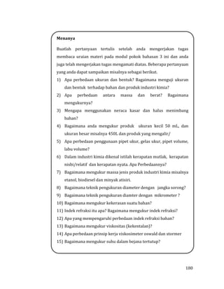 180
Menanya
Buatlah pertanyaan tertulis setelah anda mengerjakan tugas
membaca uraian materi pada modul pokok bahasan 3 ini dan anda
juga telah mengerjakan tugas mengamati diatas. Beberapa pertanyaan
yang anda dapat sampaikan misalnya sebagai berikut.
1) Apa perbedaan ukuran dan bentuk? Bagaimana menguji ukuran
dan bentuk terhadap bahan dan produk industri kimia?
2) Apa perbedaan antara massa dan berat? Bagaimana
mengukurnya?
3) Mengapa menggunakan neraca kasar dan halus menimbang
bahan?
4) Bagaimana anda mengukur produk ukuran kecil 50 mL, dan
ukuran besar misalnya 450L dan produk yang mengalir/
5) Apa perbedaan penggunaan pipet ukur, gelas ukur, pipet volume,
labu volume?
6) Dalam industri kimia dikenal istilah kerapatan mutlak, kerapatan
nisbi/relatif dan kerapatan nyata. Apa Perbedaannya?
7) Bagaimana mengukur massa jenis produk industri kimia misalnya
etanol, biodiesel dan minyak atisiri.
8) Bagaimana teknik pengukuran diameter dengan jangka sorong?
9) Bagaimana teknik pengukuran diamter dengan mikrometer ?
10) Bagaimana mengukur kekerasan suatu bahan?
11) Indek refraksi itu apa? Bagaimana mengukur indek refraksi?
12) Apa yang mempengaruhi perbedaan indek refraksi bahan?
13) Bagaimana mengukur viskositas (kekentalan)?
14) Apa perbedaan prinsip kerja viskosimeter oswald dan stormer
15) Bagaimana mengukur suhu dalam bejana tertutup?
 