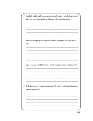182
2) Apakah anda telah menguasai seluruh materi pembelajaran ini?
Jika ada materi yang belum dikuasai tulis materi apa saja.
…………………………………………………………………………………………………...
…………………………………………………………………………………………………...
…………………………………………………………………………………………………...
…………………………………………………………………………………………………...
…………………………………………………………………………………………………...
3) Manfaat apa yang anda peroleh setelah menyelesaikan pelajaran
ini?
…………………………………………………………………………………………………...
…………………………………………………………………………………………………...
…………………………………………………………………………………………………...
…………………………………………………………………………………………………...
…………………………………………………………………………………………………...
4) Apa yang akan anda lakukan setelah menyelesaikan pelajaran ini?
…………………………………………………………………………………………………...
…………………………………………………………………………………………………...
…………………………………………………………………………………………………...
…………………………………………………………………………………………………...
…………………………………………………………………………………………………...
5) Tuliskan secara ringkas apa yang telah anda pelajari pada kegiatan
pembelajaran ini!
…………………………………………………………………………………………………...
…………………………………………………………………………………………………...
…………………………………………………………………………………………………...
…………………………………………………………………………………………………...
…………………………………………………………………………………………………...
 