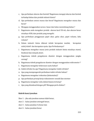223
c. Apa perbedaan ukuran dan bentuk? Bagaimana menguji ukuran dan bentuk
terhadap bahan dan produk industri kimia?
d. Apa perbedaan antara massa dan berat? Bagaimana mengukur massa dan
berat?
e. Mengapa menggunakan neraca kasar dan halus menimbang bahan ?
f. Bagaimana anda mengukur produk ukuran kecil 50 mL, dan ukuran besar
misalnya 450L dan produk yang mengalir.
g. Apa perbedaan penggunaan pipet ukur, gelas ukur, pipet volume, labu
volume?
h. Dalam industri kimia dikenal istilah kerapatan mutlak, kerapatan
nisbi/relatif dan kerapatan nyata. Apa Perbedaannya?
i. Bagaimana mengukur massa jenis produk industri kimia misalnya etanol,
biodiesel dan minyak atisiri.
j. Bagaimana teknik pengukuran diamter dengan menggunakan jangka
sorong?
k. Bagaimana teknik pengukuran diamter dengan menggunakan mikrometer ?
l. Bagaimana mengukur kekerasan suatu bahan?
m. Indek refraksi itu apa? Bagaimana mengukur indek refraksi?
n. Apa yang mempengaruhi perbedaan indek refraksi bahan?
o. Bagaimana mengukur viskositas (kekentalan)?
p. Apa perbedaan prinsip kerja viskosimeter oswald dan stormer
q. Bagaimana mengukur suhu dalam bejana tertutup?
r. Apa yang dimaksud dengan pH? Mengapa perlu diukur?
Rubrik kunci jawaban
Skor 1 : jika ada jawaban namun tidak benar,
skor 2 : kalau jawaban setengah benar,
skor 3 : kalau jawaban ¾ benar dan
skor 4 : kalau jawaban benar
 
