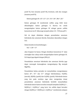 27
postif II), besi (muatan postif III), kromium, zink dan mangan
(muatan postif II).
Kation golongan III : Al3+, Cr3+, Co2+, Fe2+, Ni2+, Mn2+, Zn2+
Kation golongan III membentuk sulfida yang lebih larut
dibandingkan kation golongan II. Karena itu untuk
mengendapkan kation golongan III sebagai garam sulfida
konsentrasi ion H+ dikurangi menjadi sekitar 10 – 9 M atau pH 9.
Hal ini dapat dilakukan dengan penambahan amonium
hidroksida dan amonium klorida. Kemudian dijenuhkan dengan
H2S.
Dalam kondisi ini kesetimbangan :
H2S  2H+ + S2-
akan bergeser ke kanan. Dengan demikian konsentrasi S2- akan
meningkat dan cukup untuk mengendapkan kation golongan III.
H2S dapat juga diganti dengan (NH4)2S.
Penambahan amonium hidroksida dan amonium klorida juga
dapat mencegah kemungkinan mengendapnya Mg menjadi
Mg(OH)2.
Penambahan kedua pereaksi ini menyebabkan mengendapnya
kation Al3+, Fe3+ dan Cr3+ sebagai hidroksidanya, Fe(OH)3
(merah), Al(OH)3 (putih) dan Cr(OH)3 (putih). Hidroksida kation
yang lain pada awalnya juga akan mengendap tetapi
penambahan amonium hidroksida berlebih menyebabkan
hidroksida kation-kation tersebut menjadi kompleks Zn(NH3)42+ ,
Ni(NH3)62+, Co(NH3)62+ yang larut. Ion sulfida dapat bereaksi
dengan Zn(NH3)42+, Ni(NH3)62+, Co(NH3)62+ membentuk endapan
 
