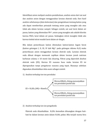 37
Identifikasi anion meliputi analisis pendahuluan, analisis anion dari zat asal
dan analisis anion dengan menggunakan larutan ekstrak soda. Dari hasil
analisis sebelumnya (data kelarutan) dan pengetahuan tentang kation yang
ada dapat memberikan petunjuk tentang anion yang mungkin ada atau
tidak ada dalam larutan sampel. Sebagai contoh, zat asal larut dalam air
panas, kation yang ditemukan Pb2+, anion yang mungkin ada adalah klorida
karena PbCl2 larut dalam air panas. Sedangkan nitrat mungkin tidak ada
karena timbal nitrat mudah larut dalam air dingin.
Bila dalam pemeriksaan kation ditemukan kation-kation logam berat
(kation golongan I, II, III, IV dab Mg2+ pada golongan sklema H2S) maka
pemeriksaan anion menggunkan larutan ekstrak soda. Larutan ekstrak
soda dibuat dengan memasak cuplikan dalam larutan jenuh natrium
karbonat selama ± 10 menit lalu disaring. Filtrat yang diperoleh disebut
ekstrak soda (ES). Karena ES suasana basa maka larutan ES ini
dipergunakan tanpa pengaturan suasana yang tepat. Biasanya sebelum
digunakan ditambahkan dulu asam sebagai contoh:
1) Analisis terhadap ion-ion pereduksi
2) Analisis terhadap ion-ion pengoksida
Ekstrak soda ditambahkan H2SO4 kemudian dituangkan dengan hati-
hati ke dalam larutan amin dalam H2SO4 pekat. Bila terjadi warna biru
Warna KMnO4, hilang menunjukkan
ion pereduksi positif ada
Warna KMnO4, hilang menunjukkan
ion pereduksi positif ada
ES + H2SO4 (4N) + KmnO4
 