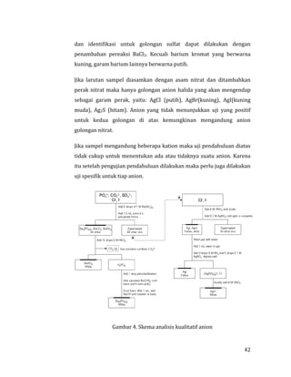 42
dan identifikasi untuk golongan sulfat dapat dilakukan dengan
penambahan pereaksi BaCl2. Kecuali barium kromat yang berwarna
kuning, garam barium lainnya berwarna putih.
Jika larutan sampel diasamkan dengan asam nitrat dan ditambahkan
perak nitrat maka hanya golongan anion halida yang akan mengendap
sebagai garam perak, yaitu: AgCl (putih), AgBr(kuning), AgI(kuning
muda), Ag2S (hitam). Anion yang tidak menunjukkan uji yang positif
untuk kedua golongan di atas kemungkinan mengandung anion
golongan nitrat.
Jika sampel mengandung beberapa kation maka uji pendahuluan diatas
tidak cukup untuk menentukan ada atau tidaknya suatu anion. Karena
itu setelah pengujian pendahuluan dilakukan maka perlu juga dilakukan
uji spesifik untuk tiap anion.
Gambar 4. Skema analisis kualitatif anion
 
