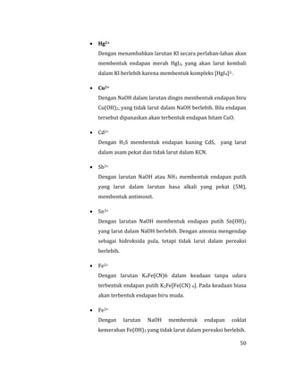 50
 Hg2+
Dengan menambahkan larutan KI secara perlahan-lahan akan
membentuk endapan merah HgI2, yang akan larut kembali
dalam KI berlebih karena membentuk kompleks [HgI4]2-.
 Cu2+
Dengan NaOH dalam larutan dingin membentuk endapan biru
Cu(OH)2, yang tidak larut dalam NaOH berlebih. Bila endapan
tersebut dipanaskan akan terbentuk endapan hitam CuO.
 Cd2+
Dengan H2S membentuk endapan kuning CdS, yang larut
dalam asam pekat dan tidak larut dalam KCN.
 Sb3+
Dengan larutan NaOH atau NH3 membentuk endapan putih
yang larut dalam larutan basa alkali yang pekat (5M),
membentuk antimonit.
 Sn3+
Dengan larutan NaOH membentuk endapan putih Sn(OH)2
yang larut dalam NaOH berlebih. Dengan amonia mengendap
sebagai hidroksida pula, tetapi tidak larut dalam pereaksi
berlebih.
 Fe2+
Dengan larutan K4Fe(CN)6 dalam keadaan tanpa udara
terbentuk endapan putih K2Fe[Fe(CN) 6]. Pada keadaan biasa
akan terbentuk endapan biru muda.
 Fe3+
Dengan larutan NaOH membentuk endapan coklat
kemerahan Fe(OH)3 yang tidak larut dalam pereaksi berlebih.
 