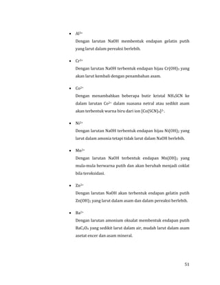 51
 Al3+
Dengan larutan NaOH membentuk endapan gelatin putih
yang larut dalam pereaksi berlebih.
 Cr3+
Dengan larutan NaOH terbentuk endapan hijau Cr(OH)3 yang
akan larut kembali dengan penambahan asam.
 Co2+
Dengan menambahkan beberapa butir kristal NH4SCN ke
dalam larutan Co2+ dalam suasana netral atau sedikit asam
akan terbentuk warna biru dari ion [Co(SCN)4]2-.
 Ni2+
Dengan larutan NaOH terbentuk endapan hijau Ni(OH)2 yang
larut dalam amonia tetapi tidak larut dalam NaOH berlebih.
 Mn2+
Dengan larutan NaOH terbentuk endapan Mn(OH)2 yang
mula-mula berwarna putih dan akan berubah menjadi coklat
bila teroksidasi.
 Zn2+
Dengan larutan NaOH akan terbentuk endapan gelatin putih
Zn(OH)2 yang larut dalam asam dan dalam pereaksi berlebih.
 Ba2+
Dengan larutan amonium oksalat membentuk endapan putih
BaC2O4 yang sedikit larut dalam air, mudah larut dalam asam
asetat encer dan asam mineral.
 