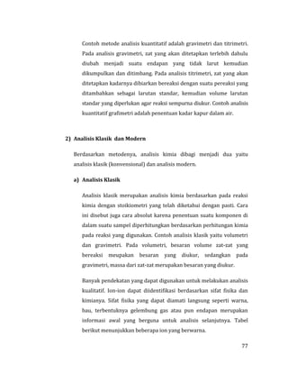 77
Contoh metode analisis kuantitatif adalah gravimetri dan titrimetri.
Pada analisis gravimetri, zat yang akan ditetapkan terlebih dahulu
diubah menjadi suatu endapan yang tidak larut kemudian
dikumpulkan dan ditimbang. Pada analisis titrimetri, zat yang akan
ditetapkan kadarnya dibiarkan bereaksi dengan suatu pereaksi yang
ditambahkan sebagai larutan standar, kemudian volume larutan
standar yang diperlukan agar reaksi sempurna diukur. Contoh analisis
kuantitatif grafimetri adalah penentuan kadar kapur dalam air.
2) Analisis Klasik dan Modern
Berdasarkan metodenya, analisis kimia dibagi menjadi dua yaitu
analisis klasik (konvensional) dan analisis modern.
a) Analisis Klasik
Analisis klasik merupakan analisis kimia berdasarkan pada reaksi
kimia dengan stoikiometri yang telah diketahui dengan pasti. Cara
ini disebut juga cara absolut karena penentuan suatu komponen di
dalam suatu sampel diperhitungkan berdasarkan perhitungan kimia
pada reaksi yang digunakan. Contoh analisis klasik yaitu volumetri
dan gravimetri. Pada volumetri, besaran volume zat-zat yang
bereaksi meupakan besaran yang diukur, sedangkan pada
gravimetri, massa dari zat-zat merupakan besaran yang diukur.
Banyak pendekatan yang dapat digunakan untuk melakukan analisis
kualitatif. Ion-ion dapat diidentifikasi berdasarkan sifat fisika dan
kimianya. Sifat fisika yang dapat diamati langsung seperti warna,
bau, terbentuknya gelembung gas atau pun endapan merupakan
informasi awal yang berguna untuk analisis selanjutnya. Tabel
berikut menunjukkan beberapa ion yang berwarna.
 