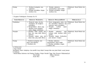 16
Penutup 3. Membuat kesimpulan atau
rangkuman.
4. Menutup perkuliahan dengan
membaca doa.
3. Meminta mahasiswa
menyimpulkan materi kuliah.
4. Menutup perkuliahan dengan
membaca doa.
Whiteboard, Board Marker dan
LCD
2. Kegiatan Pembelajaran Pertemuan Ke-VI
TAHAP KEGIATAN KEGIATAN MAHASISWA KEGIATAN PENGAJAR/DOSEN MEDIA & ALAT
Pendahuluan 1. Menjawab salam, doa dan
menyiapkan diri mengikuti
perkuliahan.
2. Memperhatikan ulasan yang
diberikan dosen mengenai
materi minggu sebelumnya.
1. Dosen mengucapkan salam, doa
dan memastikan mahasiswa siap
menerima materi perkuliahan
2. Mengulas kembali materi
minggu sebelumnya.
Whiteboard, Board Marker dan
LCD
Penyajian 1. Membuat daftar pustaka dari
buku teks yang sudah dibawa
mahasiwa
2. Menandai kutipan yang ada
dalam buku yang sudah dibawa
1. Meminta mahasiswa maju
kedepan untuk membuat daftar
pustaka
2. Menandai kutipan berdasarkan
jenis minimal 2 kutipan
Whiteboard, Board Marker dan
LCD
Penutup 1. Membuat kesimpulan dari
materi yang diajarkan
2. Membaca doa.
1. Meminta mahasiswa
menyimpulkan materi kuliah.
2. Menutup perkuliahan dengan
membaca doa.
Whiteboard, Board Marker dan
LCD
G. PENILAIAN
1 Tugas Rumah
Menyiapkan materi selanjutnya dan memilih karya ilmiah beruapa buku atau jurnal ilmiah sesuai jurusan.
H. Referensi
- Modul Bahasa Indonesia dan Panduan Penulisan Skripsi Sekolah Tinggi Ilmu Ekonomi Muhammadiyah
Mata Kuliah : Bahasa Indonesia
Kode/ SKS : / 2 SKS
 