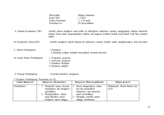 22
Mata kuliah : Bahasa Indonesia
Kode/ SKS : / 2 SKS
Waktu Pertemuan : 2 x 50 menit
Pertemuan ke : IX (Kesembilan)
A. Standar Kompetensi (SK) :Setelah selesai mengikuti mata kuliah ini diharapkan mahasiswa mampu menggunakan Bahasa Indonesia
dengan benar untuk mengungkapkan pikiran dan gagasan kedalam bentuk karya ilmiah baik lisan maupun
tulisan
B. Kompetensi Dasar (KD) : Setelah mengikuti pokok bahasan ini mahasiswa mampu berpikir untuk menghubungkan data atau fakta
C. Materi Pembelajaran : 1.Penalaran
2. Membuat kalimat deduktif dan induktif bertema ekonomi
D. Uraian Materi Pembelajaran : 1. Pengertian proposisi
2. Jenis-jenis proposisi
3. Penalaran Deduktif
4. Penalaran induktif
E. Strategi Pembelajaran : Ceramah interaktif, penugasan.
F. Kegiatan Pembelajaran Peetemuan ke- IX
TAHAP KEGIATAN KEGIATAN MAHASISWA KEGIATAN PENGAJAR/DOSEN MEDIA & ALAT
Pendahuluan 1. Menjawab salam, doa dan
menyiapkan diri mengikuti
perkuliahan.
2. Memperhatikan ulasan
yang diberikan dosen
mengenai materi minggu
1. Dosen mengucapkan salam,
doa dan memastikan
mahasiswa siap menerima
materi perkuliahan
2. Mengulas kembali materi
minggu sebelumnya.
Whiteboard, Board Marker dan
LCD
 