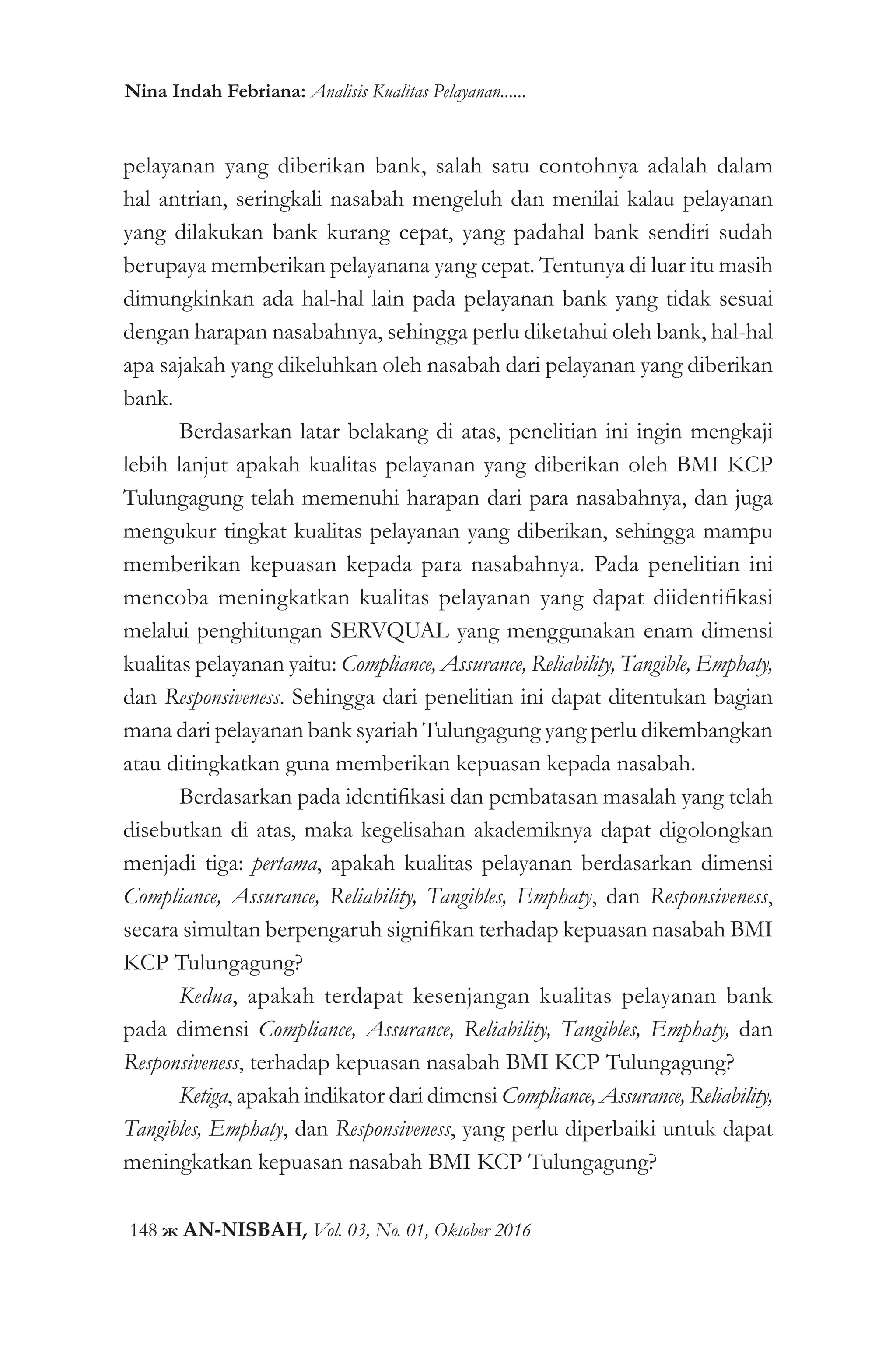 Analisis kualitas pelayanan bank terhadap kepuasan nasabah pada bank ...