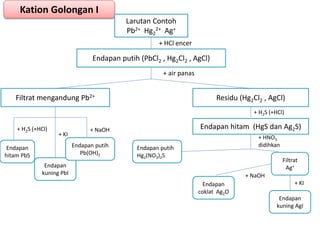 Kation Golongan I
Larutan Contoh
Pb2+ Hg2
2+ Ag+
+ HCl encer
Endapan putih (PbCl2 , Hg2Cl2 , AgCl)
+ air panas
Filtrat mengandung Pb2+ Residu (Hg2Cl2 , AgCl)
+ H2S (+HCl)
Endapan
hitam PbS
Endapan
kuning PbI
+ KI
+ NaOH
Endapan putih
Pb(OH)2
+ H2S (+HCl)
Endapan hitam (HgS dan Ag2S)
+ HNO3
didihkan
Endapan putih
Hg2(NO3)2S
Filtrat
Ag+
+ NaOH
+ KI
Endapan
coklat Ag2O
Endapan
kuning AgI
 