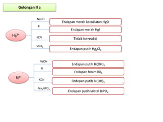 Hg2+
NaOH
Endapan merah kecoklatan HgO
Endapan merah HgI
Tidak bereaksi
Endapan putih Hg2Cl2
KI
KCN
SnCl2
Bi3+
NaOH
Endapan putih Bi(OH)3
Endapan hitam BiI3
Endapan putih Bi(OH)3
Endapan putih kristal BiPO4
KI
KCN
Na2HPO4
Golongan II a
 